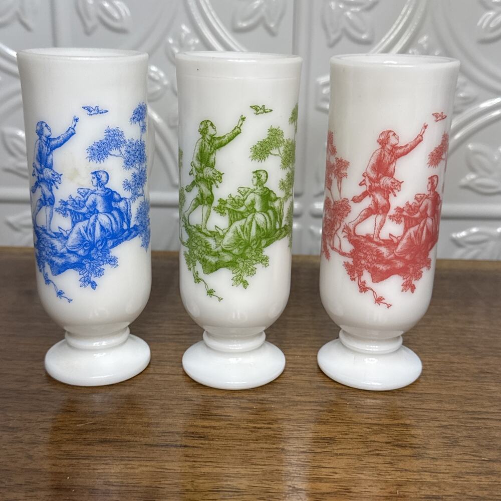 Vintage Set Three Avon Demitasse Milk Glass Bottles 4 oz White Pink Green Blue